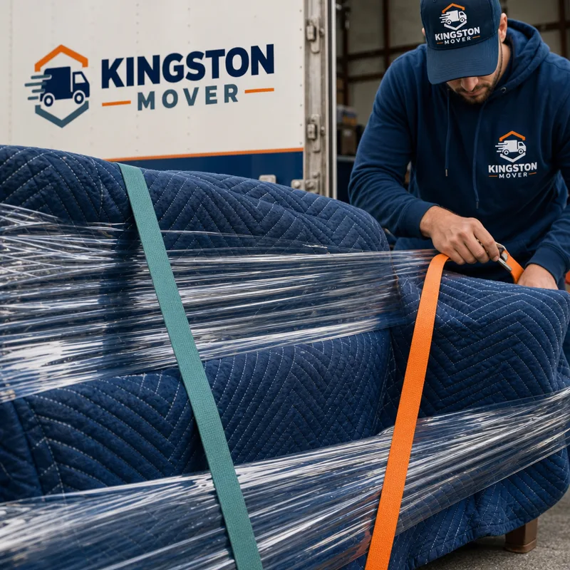 Sofa fully wrapped in moving blankets and shrink wrap with securing straps