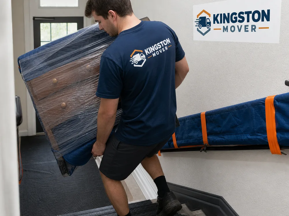 Mover carrying a wrapped dresser down a protected stairwell in a multi-unit building