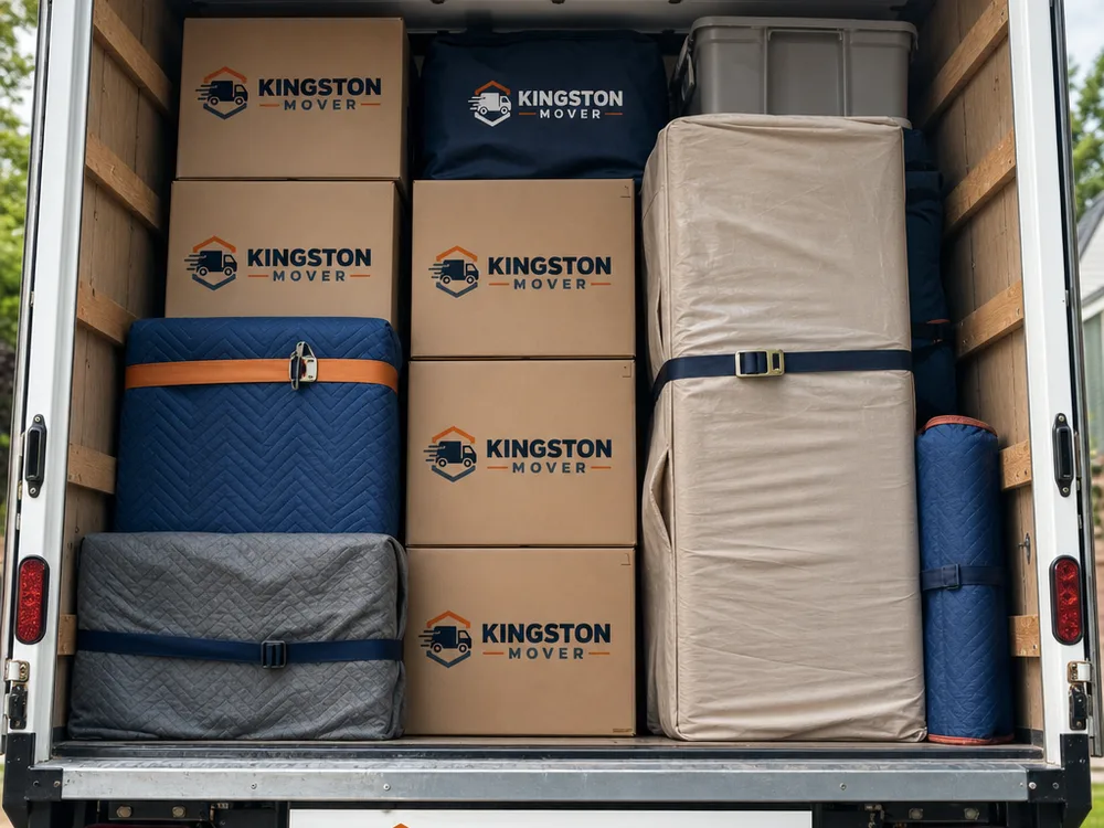 Moving truck interior with neatly stacked boxes and strapped padded furniture