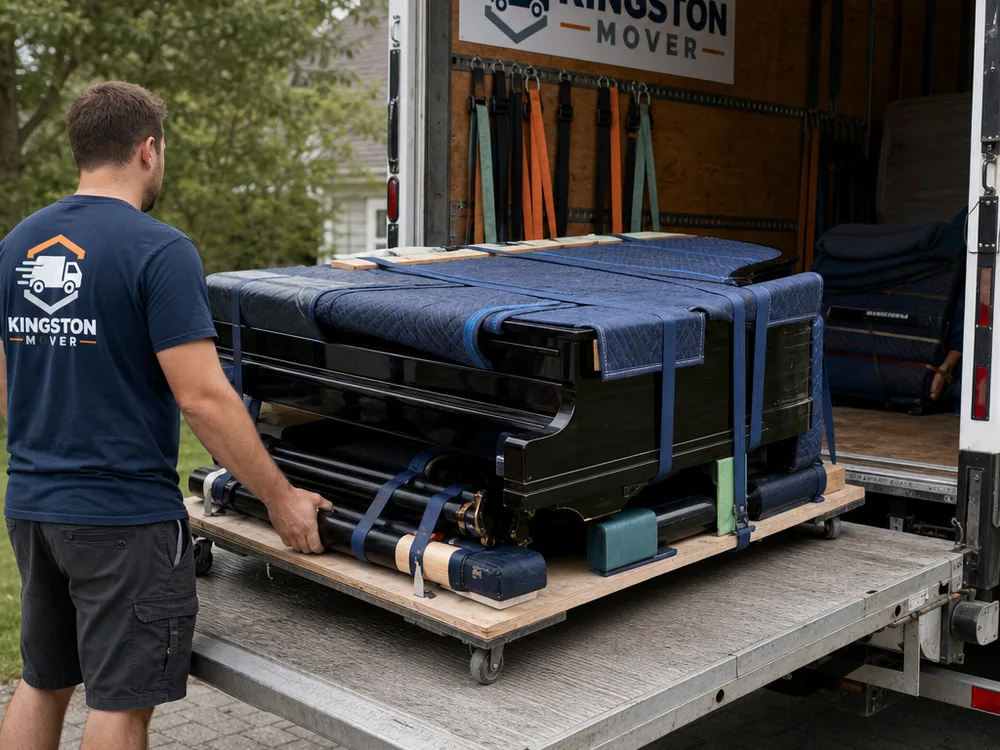 Baby grand piano with removed padded components positioned on a piano board for liftgate loading