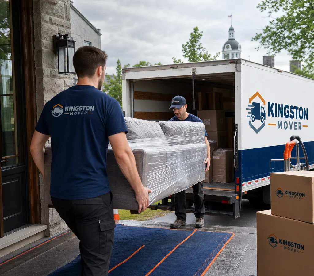 Moving crew carrying a wrapped sofa and boxes from a Kingston home into a moving truck with floor protection at the entry