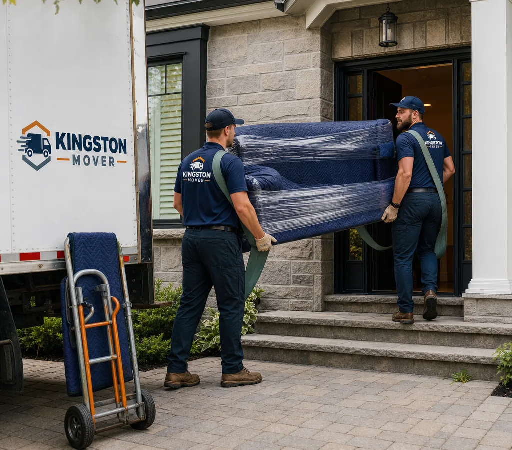 Two uniformed movers carrying a wrapped sofa through a Kingston home entrance using moving blankets and shoulder straps