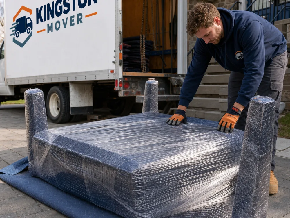 Dining table with its legs removed and each part wrapped in moving blankets and stretch wrap ready for loading