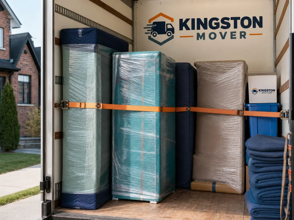 Neatly packed moving truck with wrapped furniture standing upright and secured to anchor points with straps
