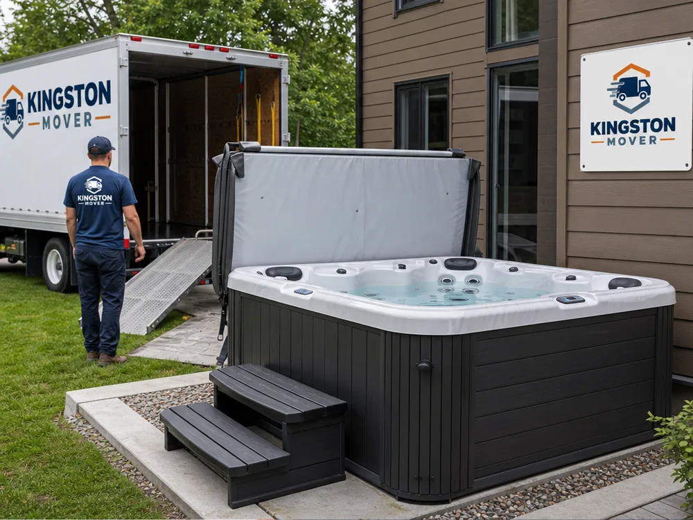 Hot tub positioned on a prepared base with service and cover clearance