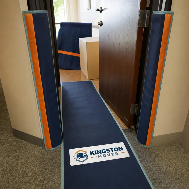 Protective floor runner and door-jamb padding installed at an apartment entrance before moving begins