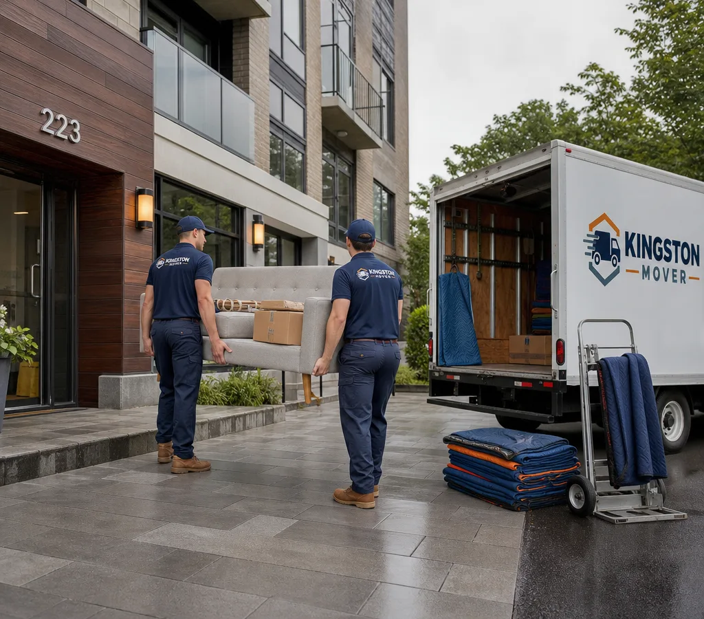 Two uniformed movers carrying a compact sofa and boxed items from a Kingston apartment building toward a small moving truck