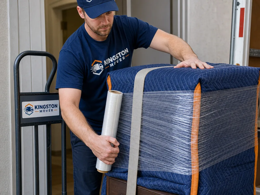 Mover wrapping a dresser with moving blankets and stretch wrap beside a dolly for a condo hallway carry