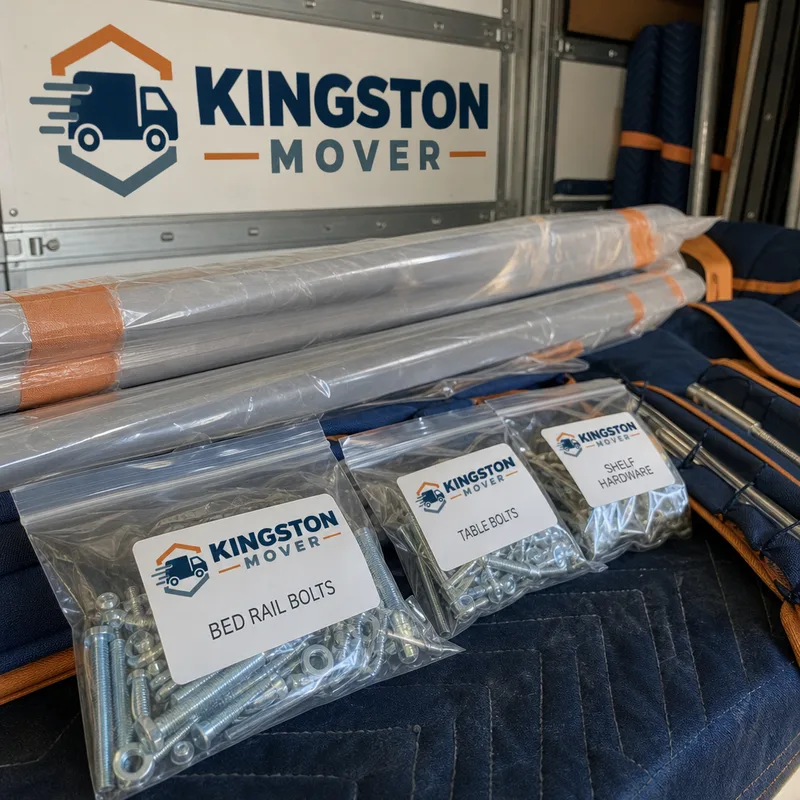 Pool table hardware organized in labeled bags beside wrapped rails and pockets