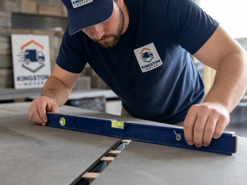 Close-up of a pool table slate seam with shims and a precision level during reinstallation