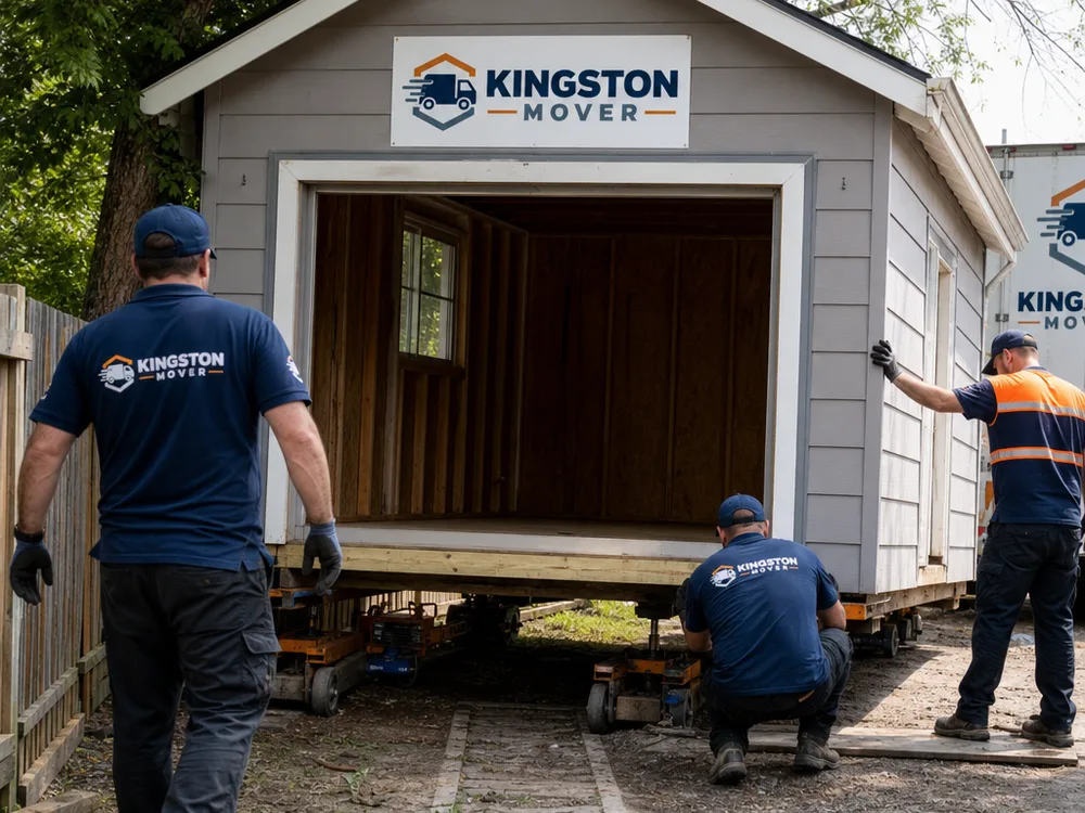 A detached garage being repositioned with hydraulic dollies and spotters near fencing and trees
