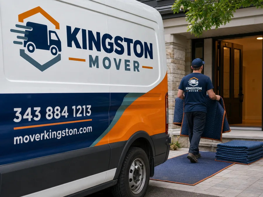 Mover guiding a padded couch down an interior staircase with a spotter and wall protection at the corner